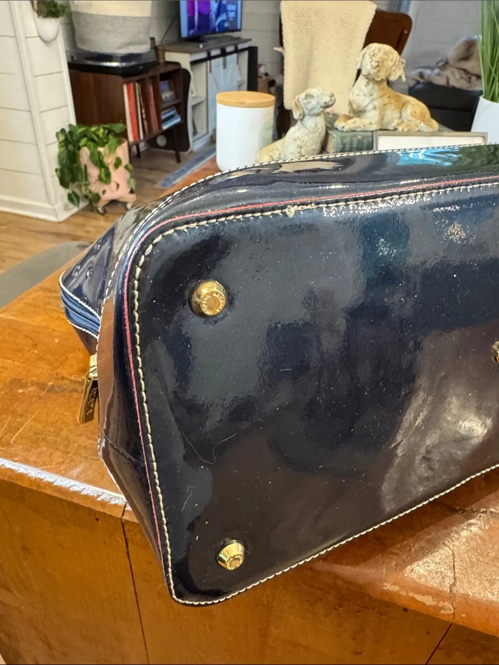 Arcadia Patent Dome Satchel in Navy with Red Trim